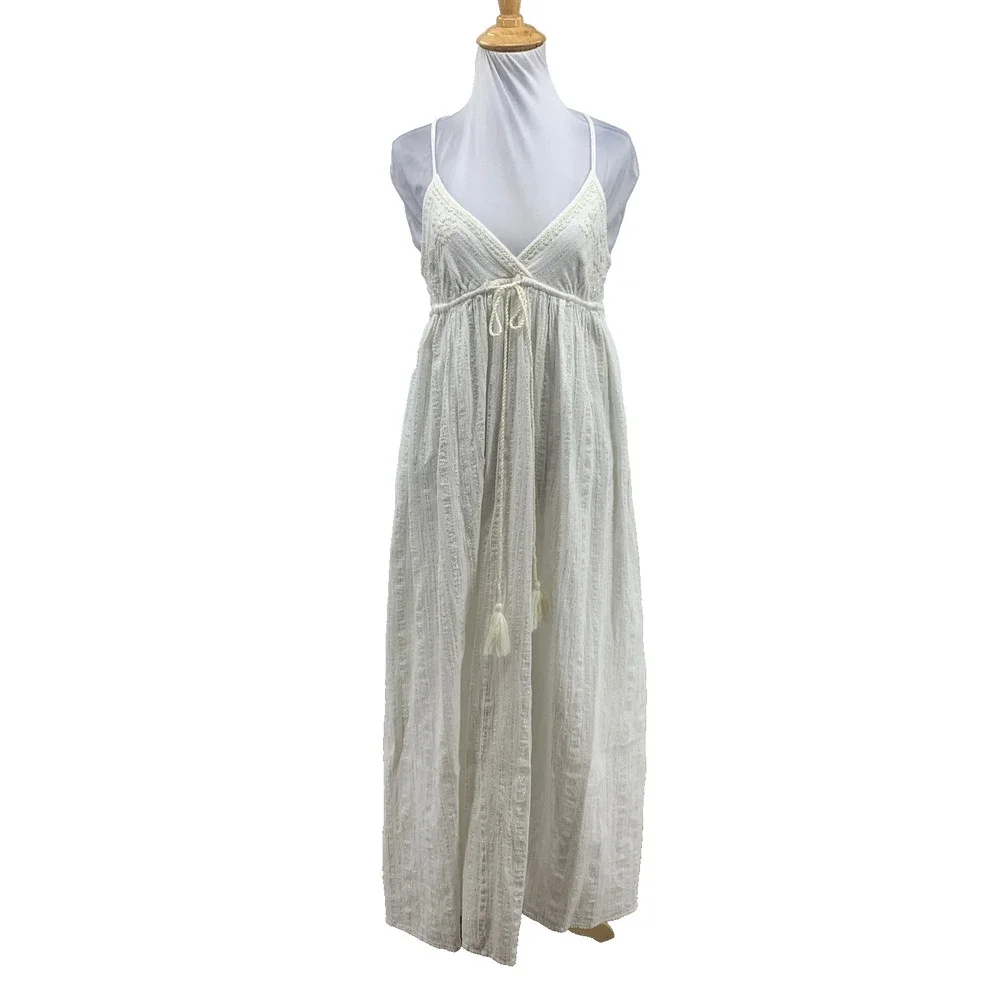 Raga Dress Womens XS Extra Small White Esme Metallic Stripes Empire Waist Maxi